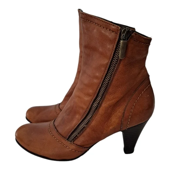 Leather women's tan heeled ankle boots booties Made in Italy zip closure heel 3" - Picture 3 of 12